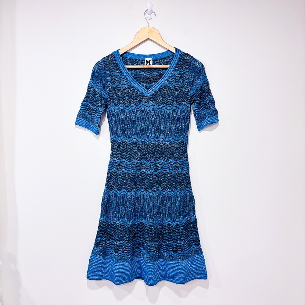 Missoni Zigzag Knit Dress Blue Metallic Crochet | Size 40